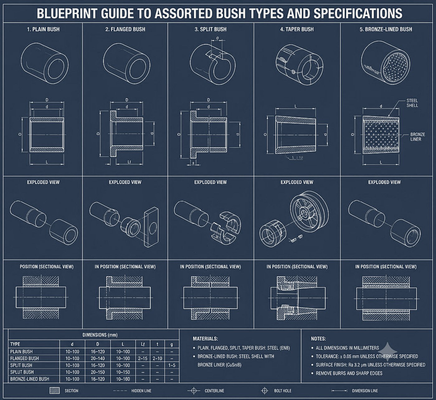 Blueprint guide comparing plain, flanged, split, taper, and bronze-lined bush types with dimensions