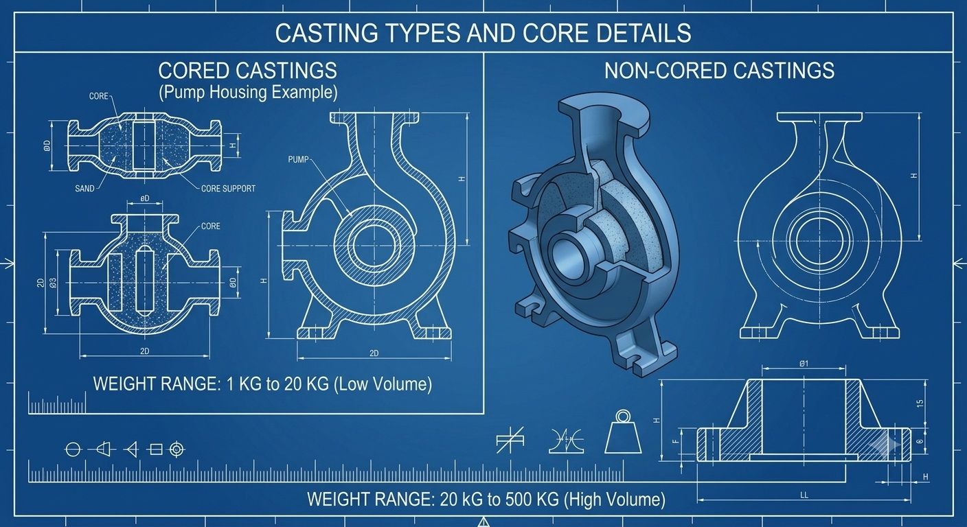Technical illustration comparing cored and non-cored cast iron pump housing castings