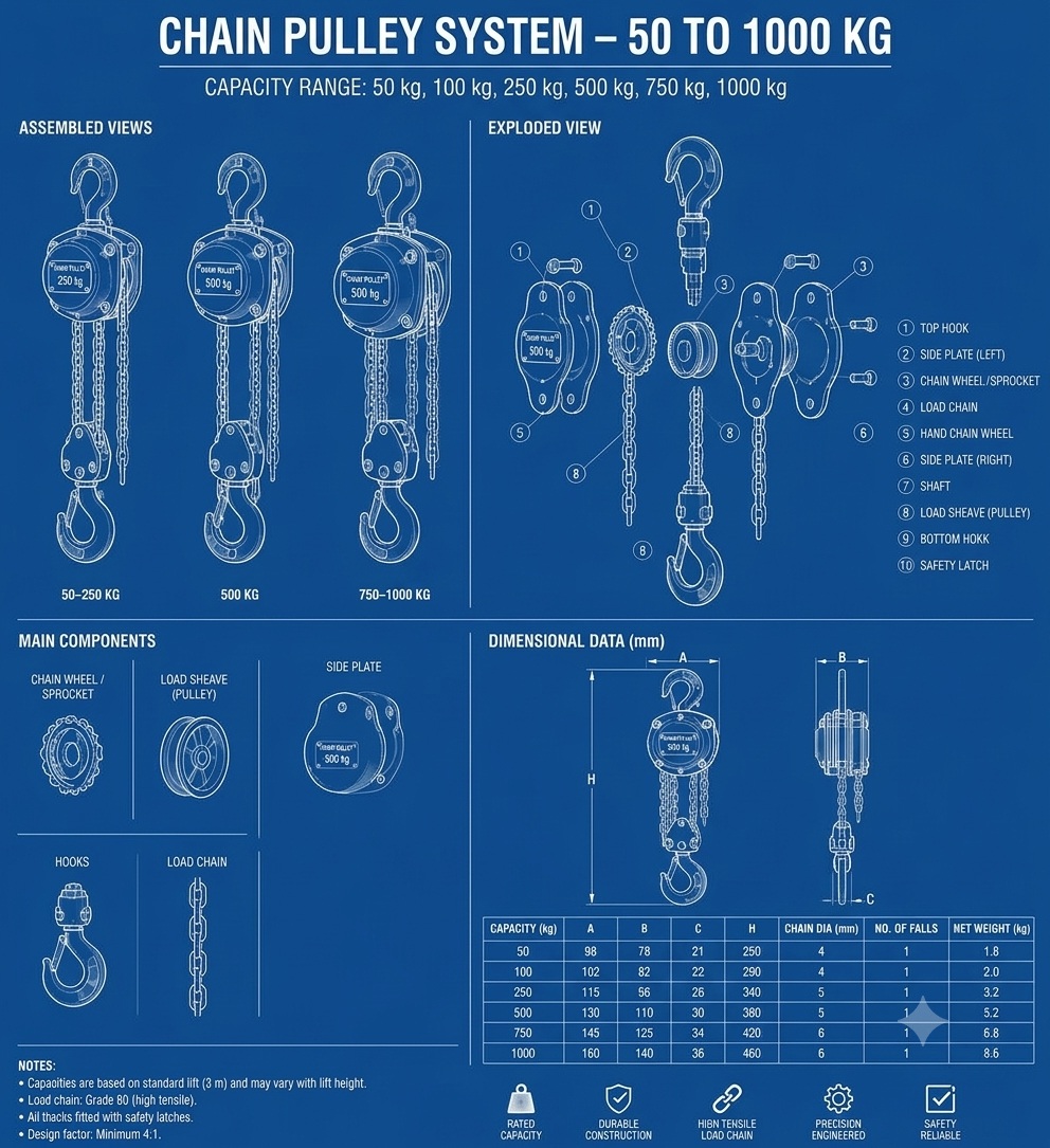 Exploded assembly blueprint of MTI chain pulley blocks rated 50 kg to 1000 kg
