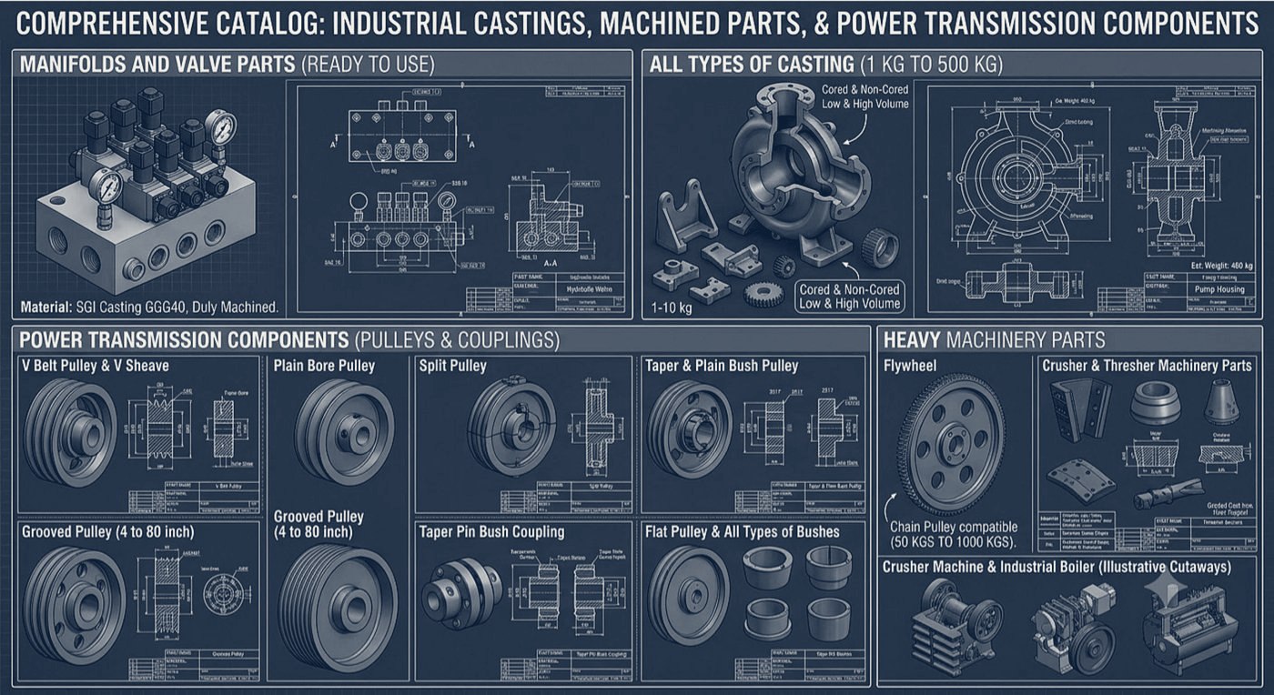 Comprehensive blueprint catalog of MTI's castings, machined parts, and power transmission components