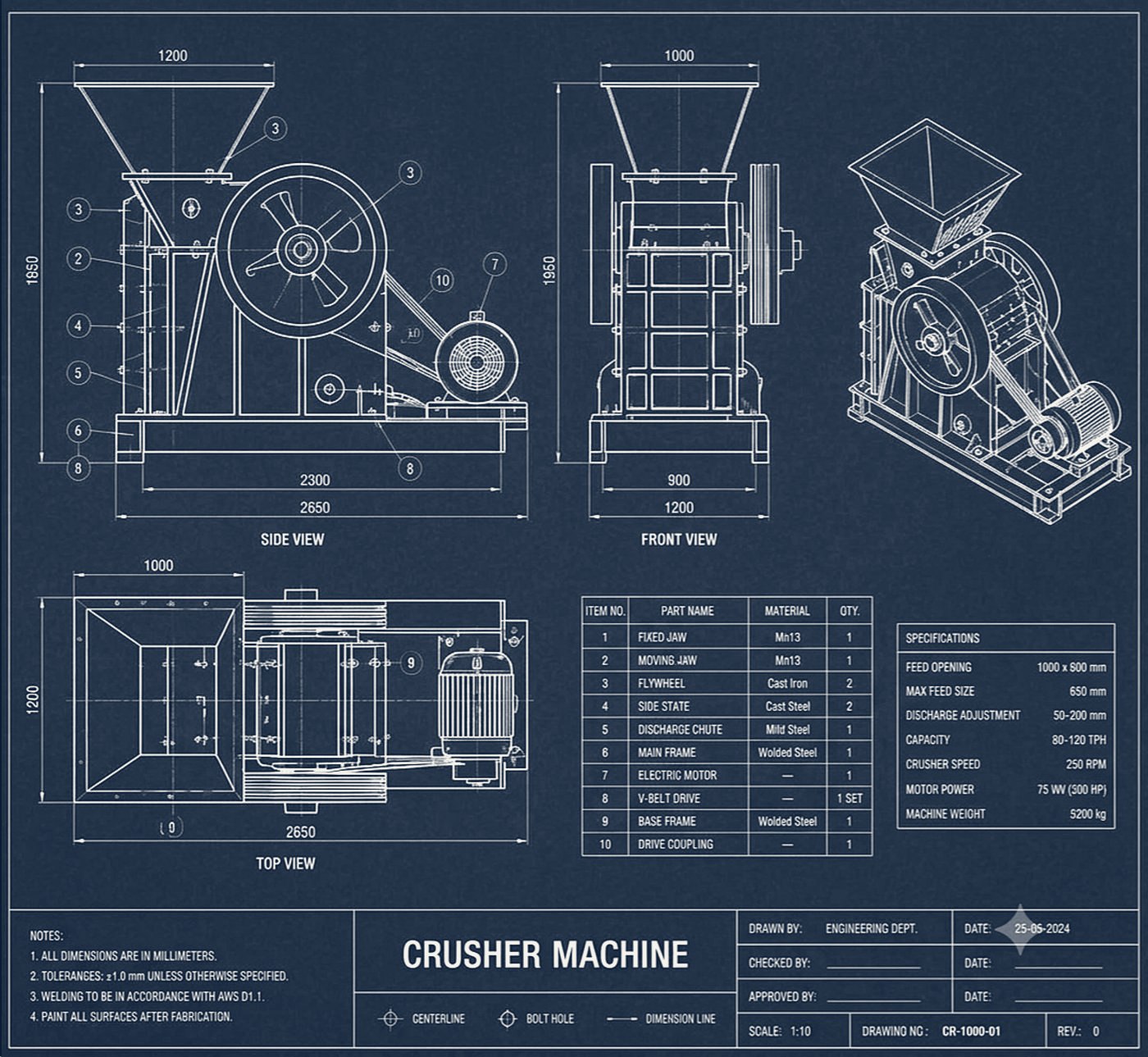 Engineering drawing of an industrial jaw crusher machine with dimensions and bill of materials