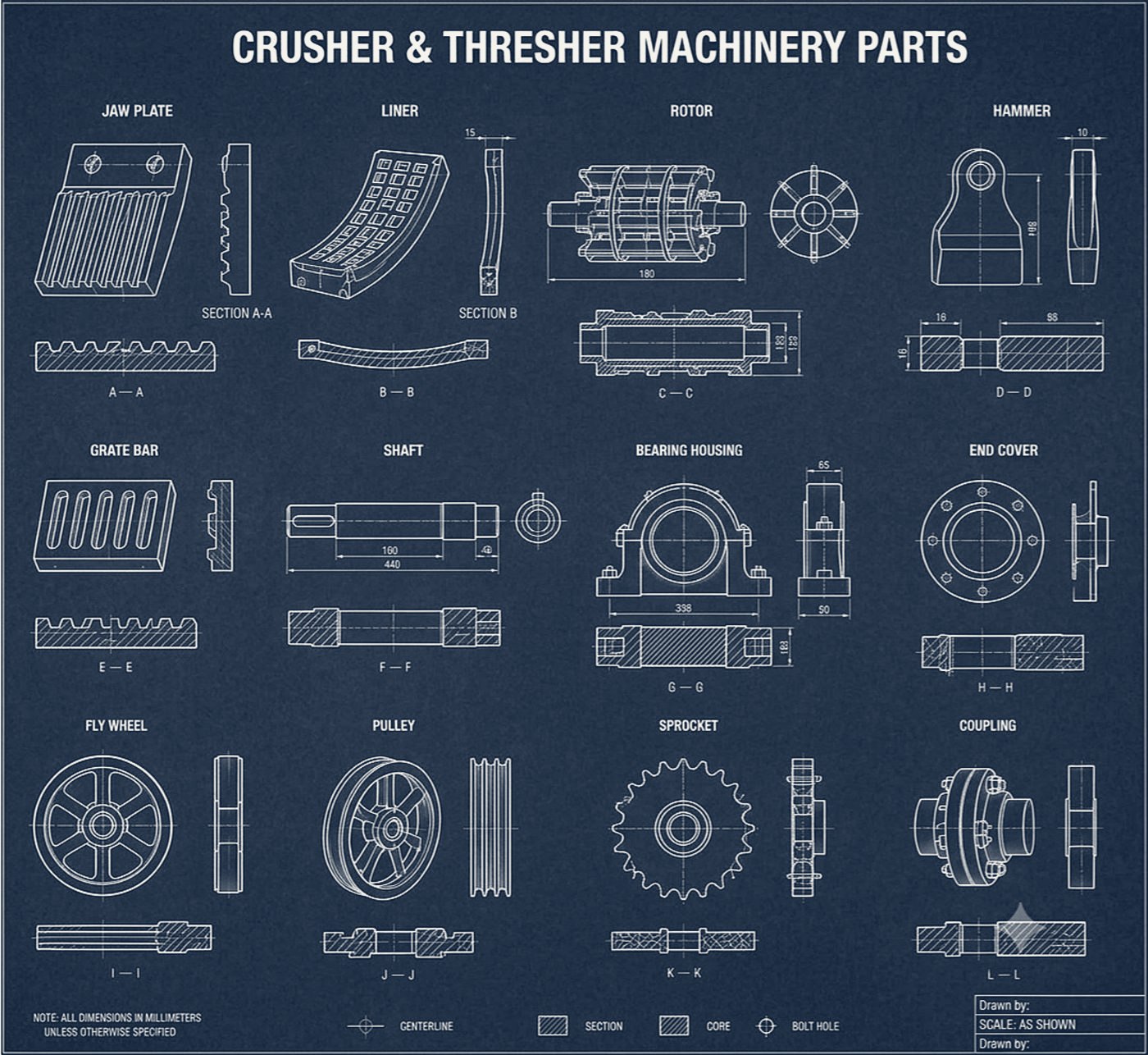 Blueprint grid of crusher and thresher machinery parts including jaw plates, liners, rotors, and hammers
