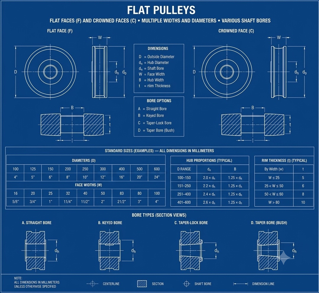 Blueprint of MTI flat pulleys showing flat face and crowned face options with bore types
