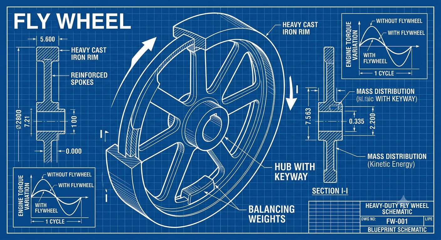 Heavy-duty flywheel engineering blueprint showing cast iron rim, spokes, hub, and torque variation graph