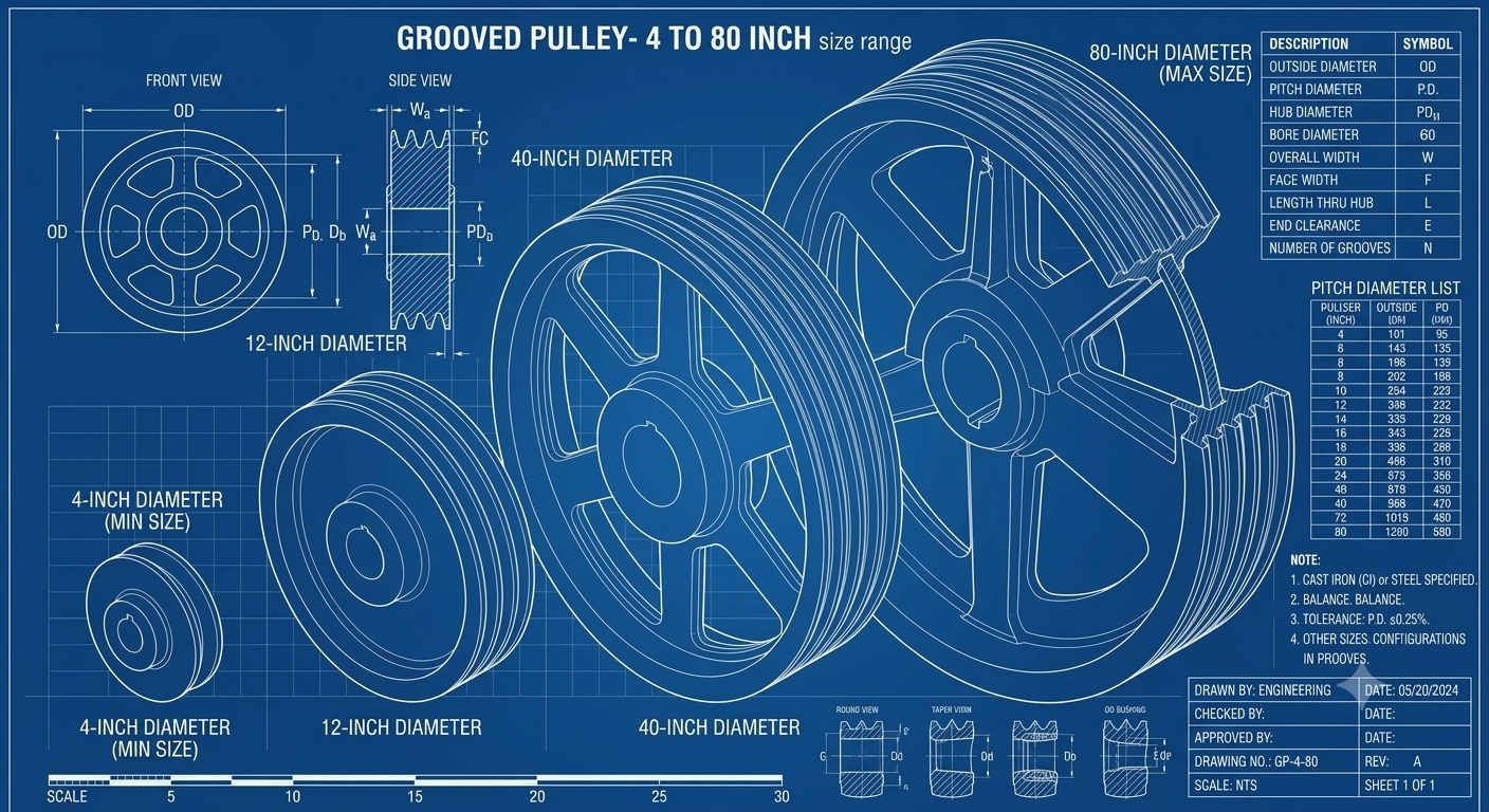Blueprint of MTI grooved pulleys from 4-inch to 80-inch diameter with groove profile and taper bore detail