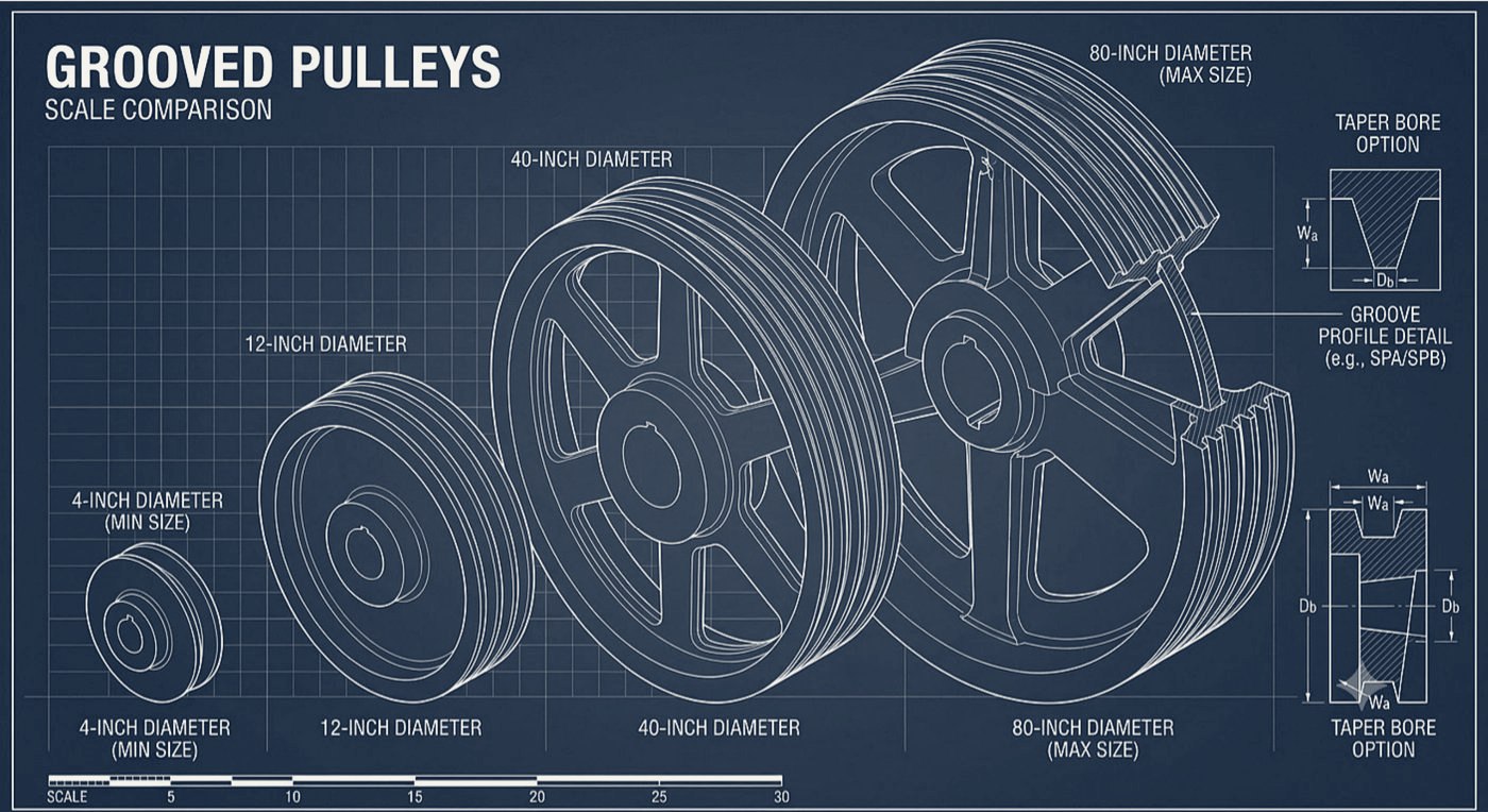 Blueprint scale comparison of MTI grooved pulleys from 4-inch to 80-inch diameter