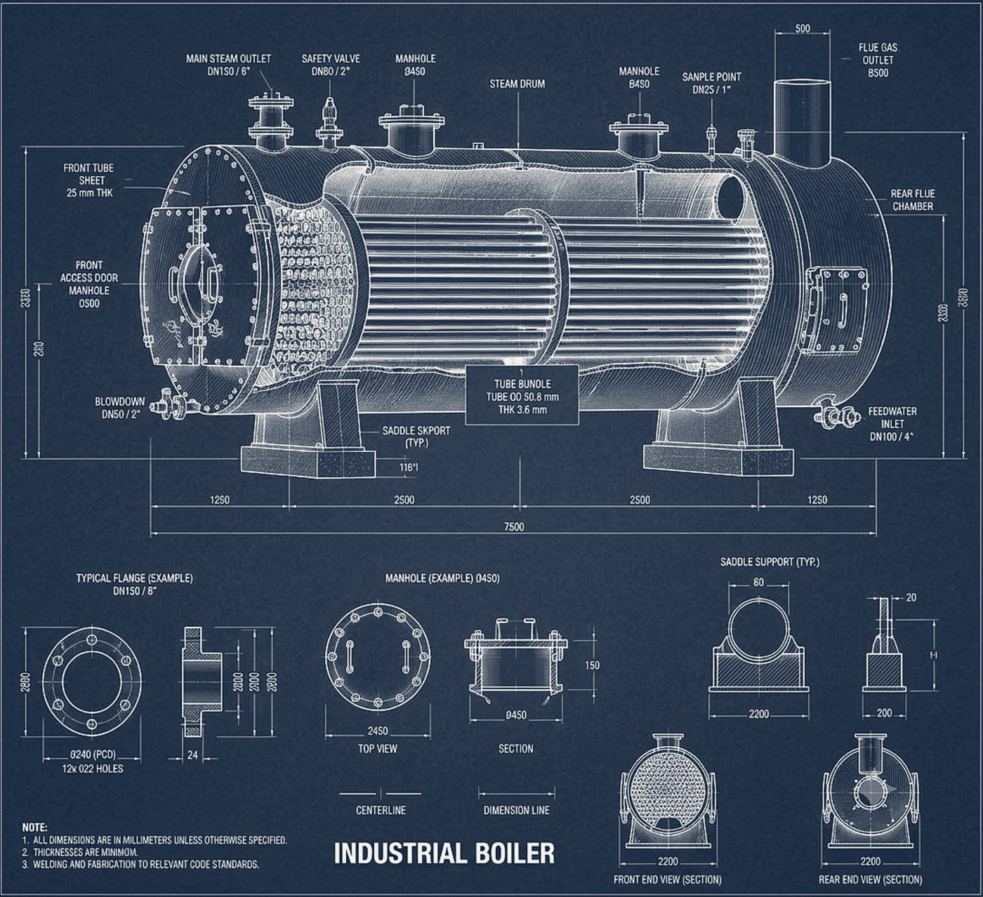 Technical blueprint of an industrial fire-tube boiler with dimensioned flanges and manholes
