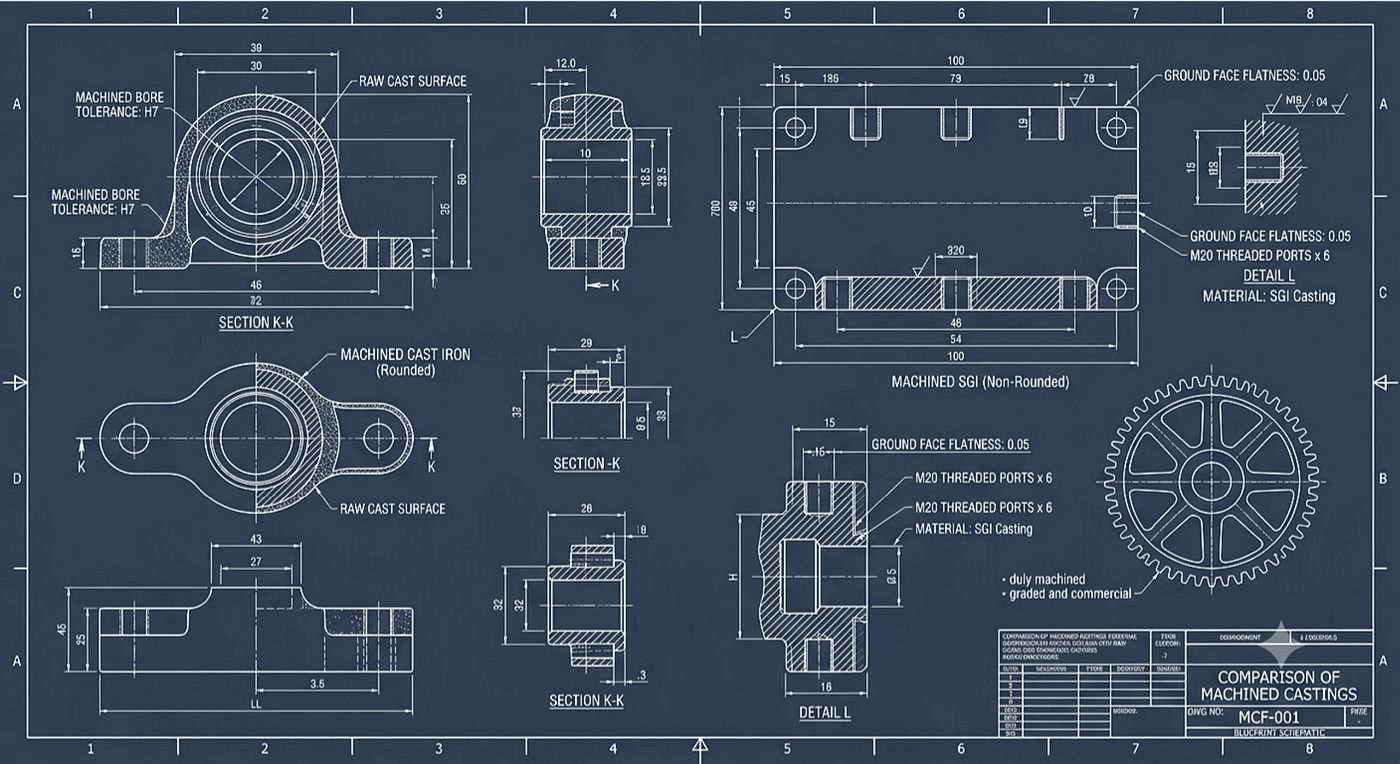 Before-and-after machining comparison blueprint of cast iron pillow block and bearing housing components