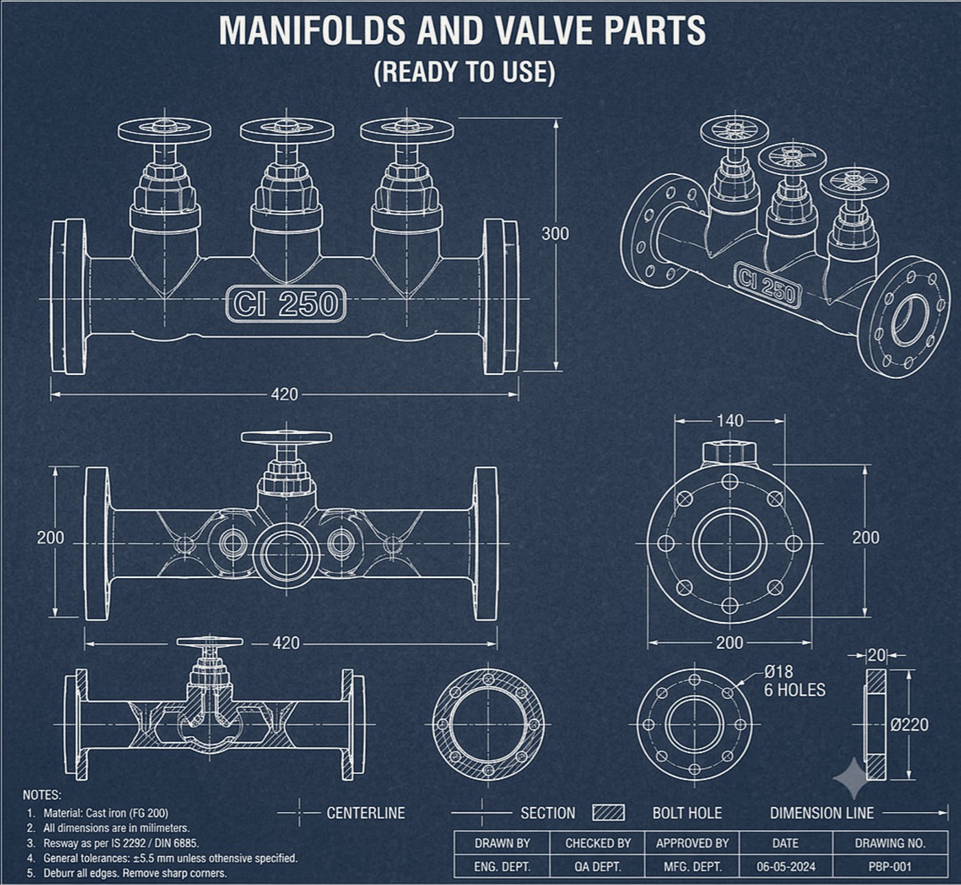 Blueprint of ready-to-use hydraulic manifold and valve parts in cast iron