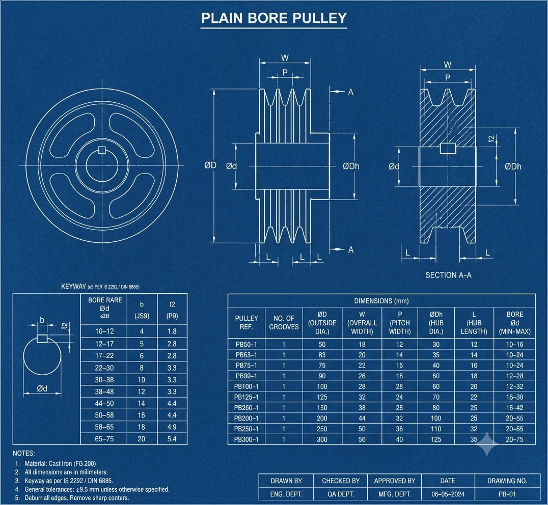 Engineering blueprint of an MTI plain bore pulley with front view, side section, and dimension callouts