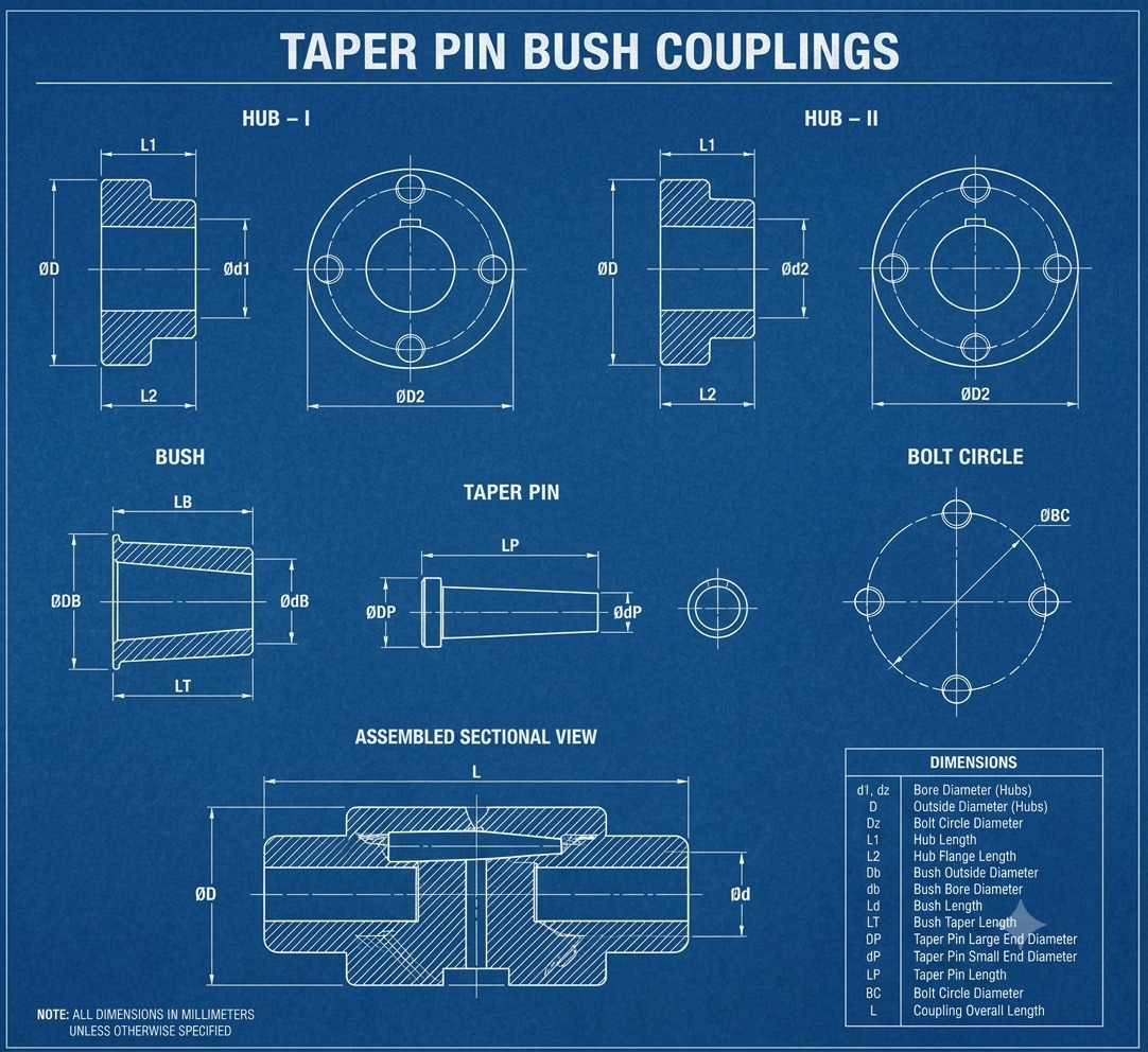 Sectioned blueprint of a taper pin bush coupling showing coupling hub, tapered bush, and flange bolts