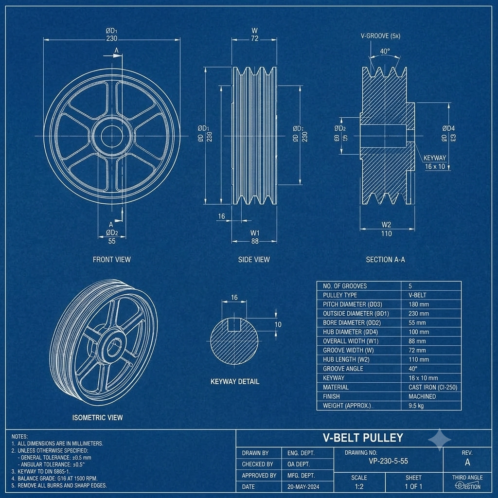 Technical drawing of an MTI V-belt pulley showing groove profile, keyway detail, and dimensional table